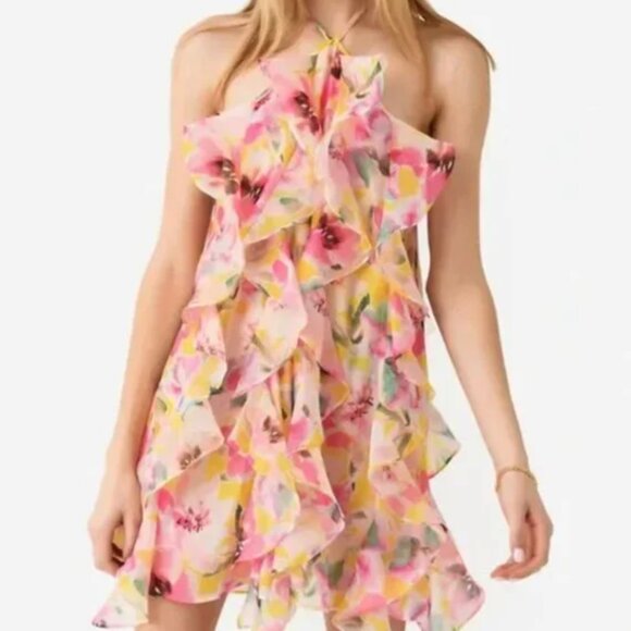 Misa Miah Ruffle Hello Yellow Flower Mix Dress - Picture 1 of 3